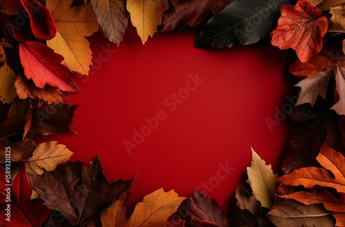 Colorful Autumn Leaves Surrounding a Vibrant Red Background for Seasonal Deco...