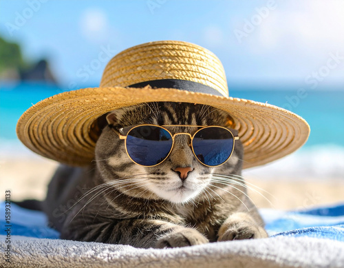 Cool Cat in Sunglasses and Straw Hat on the Beach