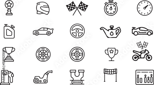 Motorsports Vector Icon Set | Adjustable Line Weight | Racing car, motorcycle, helmet, trophy, oil, engine, pit stop, fuel, flag, speed,