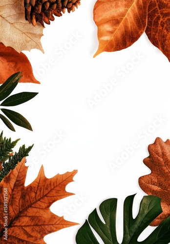 Beautiful Autumn Leaves and Pine Cone Arranged on a White Background for Seas...