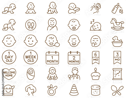 Baby Milestones and Essentials Icon Set – Cute Outline Vector for Infant Growth, Care and Development.