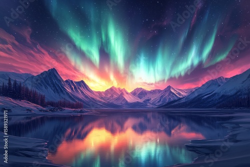 Majestic Northern Lights Illuminate Mountains and Lake at Dusk.