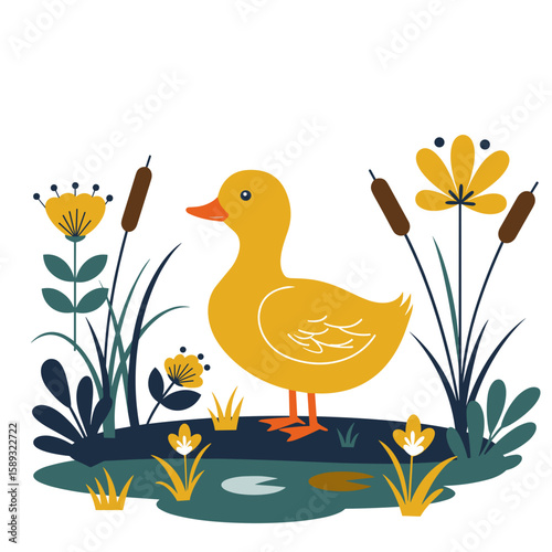 Cute illustration yellow duck among flowers and plants in the garden in colorful Scandinavian style, for branding children's products, room, postcards, souvenirs