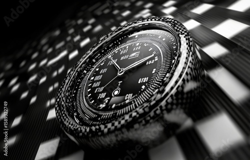 Stopwatch Resting on a Checkered Racing Flag With a Black Background Highligh...