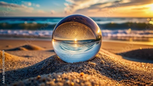 A glass ball on the seashore with the reflection of the sun and waves