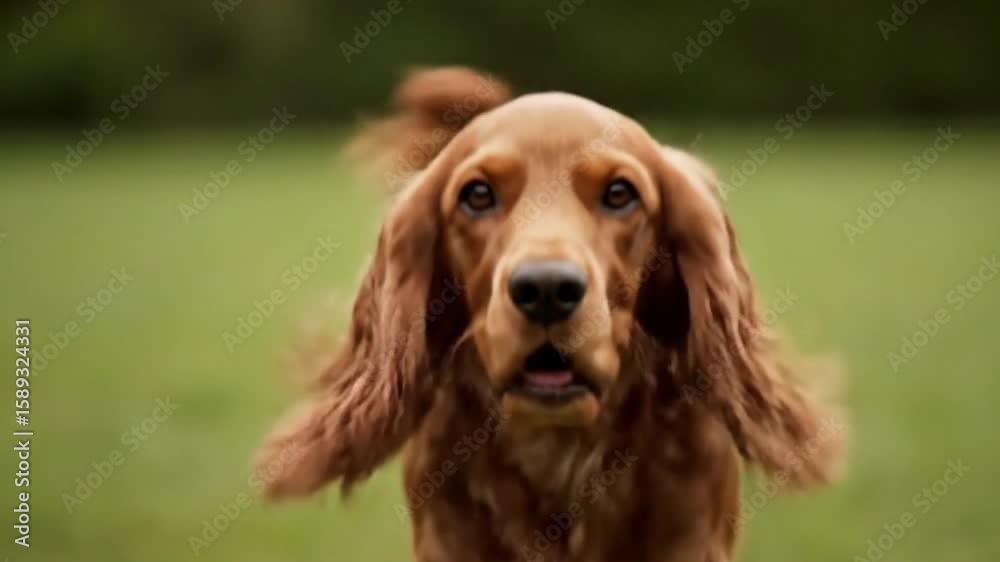 Brown dog possibly a Cocker Spaniel with open mouth and wagging ears centered on a green blurred background