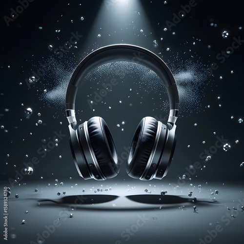 Stylish headphones set against a dark backdrop, featuring shimmering water droplets.