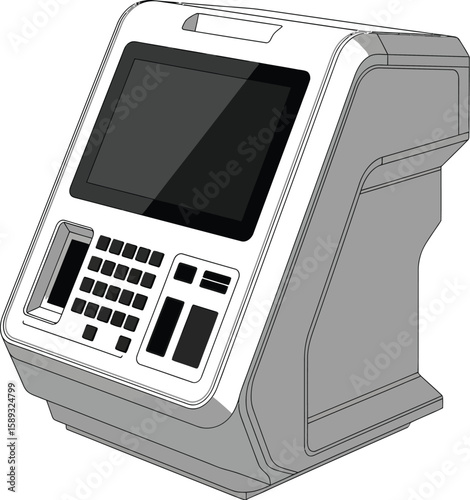 An interactive kiosk machine with a touch screen stands ready to provide information or payment services with its streamlined design.
