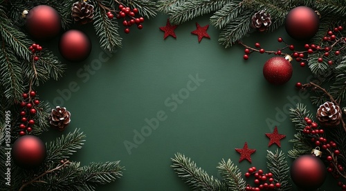 Festive Arrangement of Red Ornaments and Green Foliage for Holiday Decoration