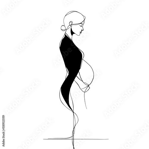 Minimalist monoline illustration of a pregnant woman in profile  