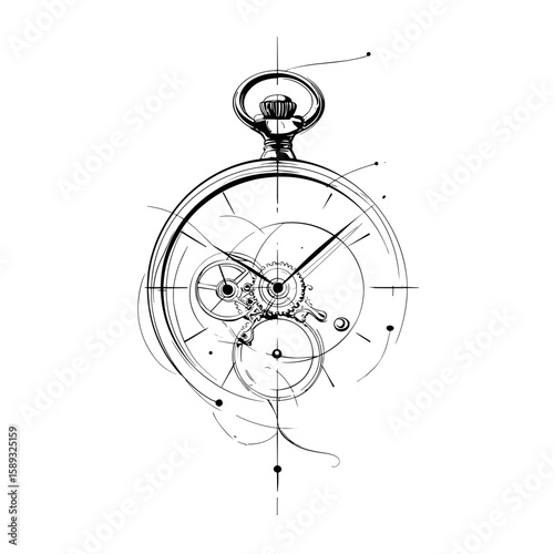 Monochrome illustration of a pocket watch with intricate design details  
