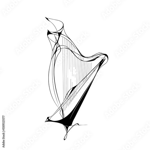 Abstract harp design in negative space monoline minimalist illustration  
