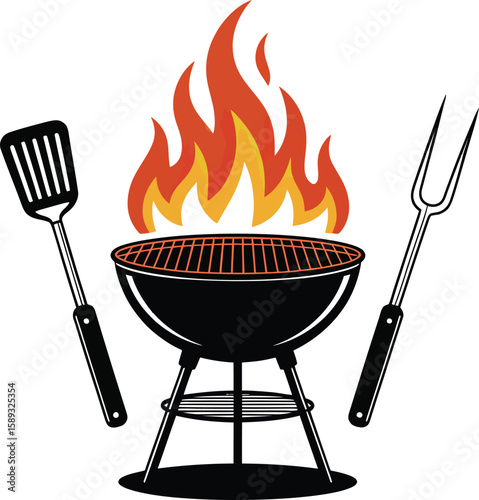 Vector Outdoor Barbecue Grill Icons: Flaming BBQ with Spatula and Fork.