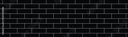 Minimalist overhead view of black rectangular tiles with white grout lines in a seamless horizontal pattern. Monochrome, geometric, and architectural style with flat, even lighting.