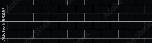 Minimalist overhead view of black rectangular tiles with white grout lines in a seamless horizontal pattern. Monochrome, geometric, and architectural style with flat, even lighting.