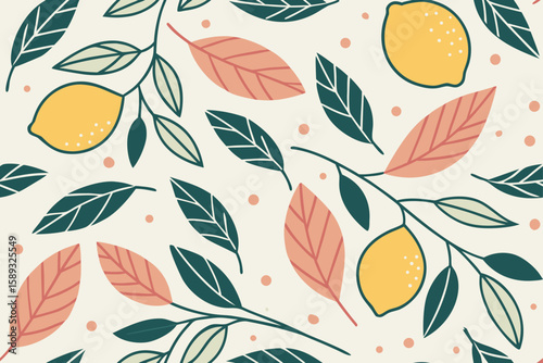 Yellow lemons and leaves pattern leaf green