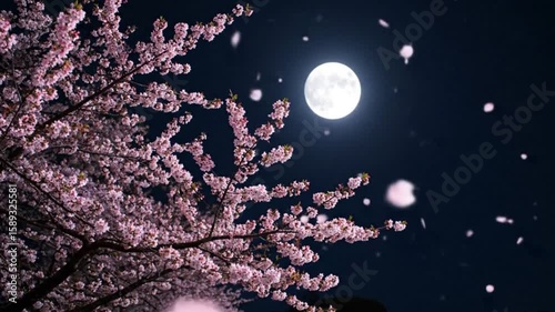 Cherry blossom tree blooms at night petals fall around a bright full moon in the background