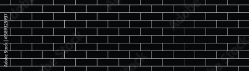 Minimalist overhead view of black rectangular tiles with white grout lines in a seamless horizontal pattern. Monochrome, geometric, and architectural style with flat, even lighting.