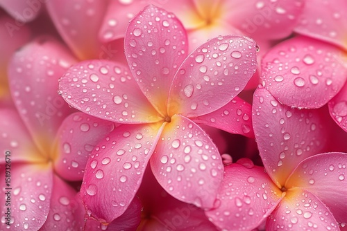 Pink Plumeria Flowers Glistening With Dewdrops in a Tropical Garden After the...