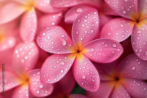 Pink Plumeria Flowers Glistening With Dewdrops in a Tropical Garden After the...