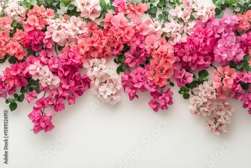 Colorful Bougainvillea Flowers Create a Vibrant Display on a White Wall Durin...