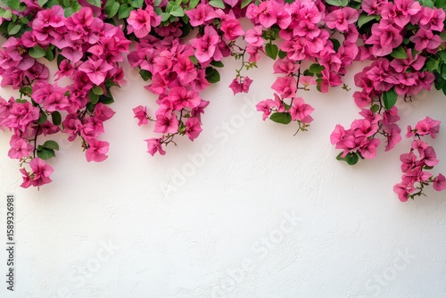 Vibrant Pink Bougainvillea Flowers Cascading Against a White Wall in a Sunny ...