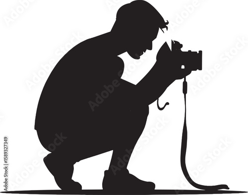 Silhouette of photographer squatting with camera capturing a moment symbolizing creativity focus art and passion for photography