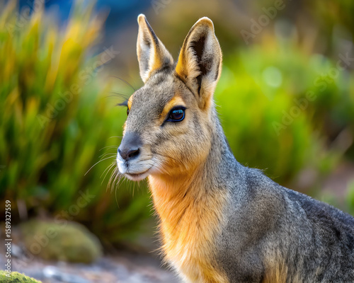 Patagonian mara resting on grass in open habitat
