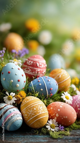 Colorful Decorated Eggs Nestled Among Wildflowers During Springtime Celebration