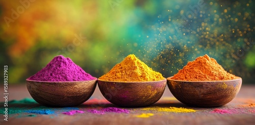 Vibrant Colored Powders in Wooden Bowls Displayed on a Rustic Table at a Fest...