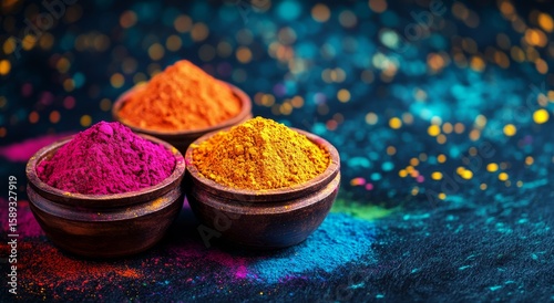 Colorful Spices Displayed in Clay Bowls With Vibrant Powders on a Dark Backgr...