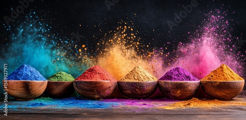 Vibrant Colored Powders in Wooden Bowls Displayed on a Rustic Table at a Fest...
