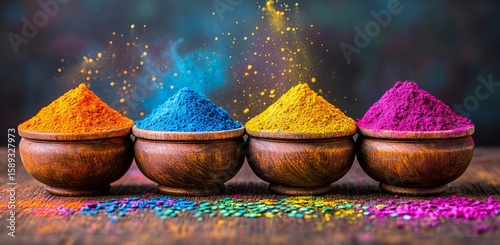 Vibrant Colored Powders in Wooden Bowls for Festival Celebrations in India.