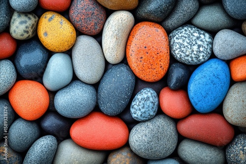 Varied Collection of Colorful Pebbles Arranged on a Surface at a Sunny Outdoo...