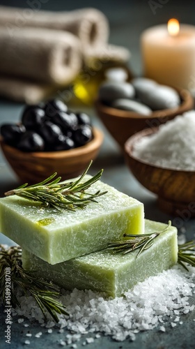 Natural Herbal Soap With Olive Oil and Rosemary Arranged Beautifully With Sto...