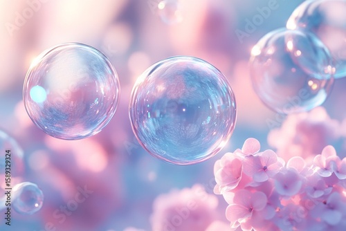 Colorful Soap Bubbles Floating in a Dreamy Pastel Background During a Sunny Day