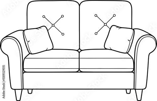 Elegant loveseat illustration features a clean line art style, perfect for interior design mockups or furniture catalogs, showcasing modern comfort.