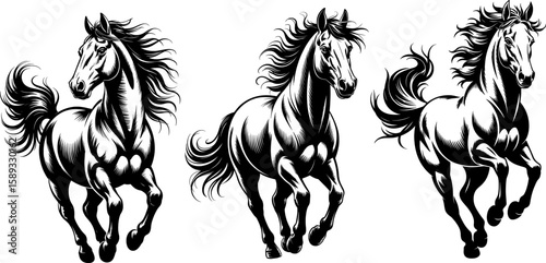 Dynamic black silhouette of three galloping horses with flowing manes and tails, ideal for tattoos, logos, and dramatic decorative artwork

