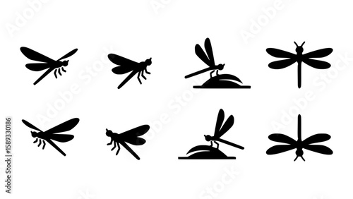 Collection of eight dragonfly silhouettes in various poses