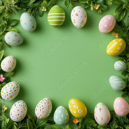 Colorful Easter Eggs and Flowers Create a Festive Springtime Display on a Gre...