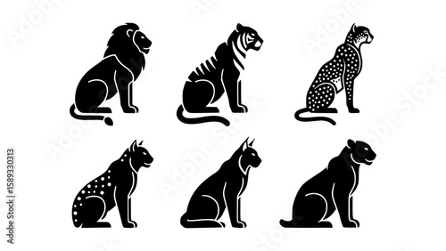 A captivating collection of various wild cat sitting silhouette in black