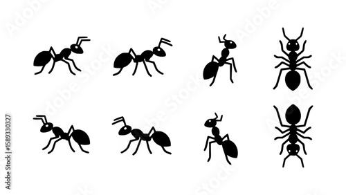 Black silhouette ants in different poses