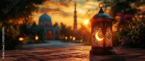 Lantern Illuminating a Peaceful Pathway at Sunset Near an Ornate Building in ...