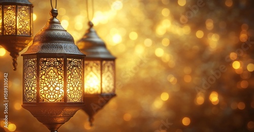 Beautifully Crafted Lanterns Illuminate a Warm Golden Background in a Cozy Se...