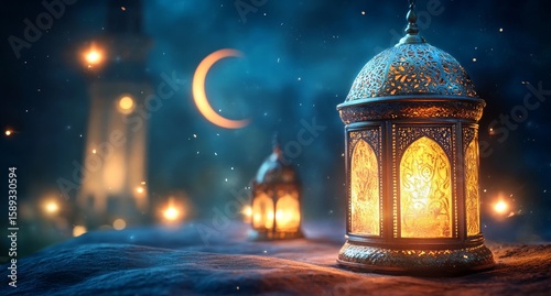 Beautiful Lanterns Glowing Under a Crescent Moon at Night With Sparkling Ligh...