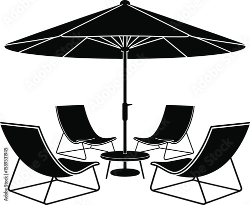 Silhouette of Patio Furniture Set with Umbrella and Lounge Chairs