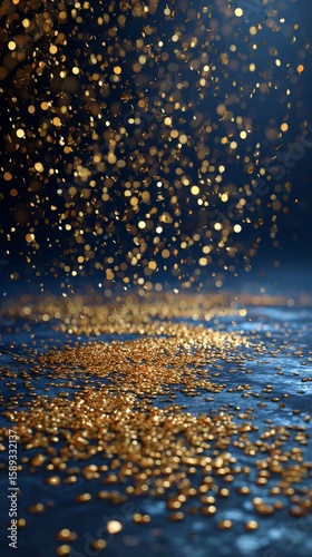Golden Confetti Falling Gracefully Across a Dark Surface in a Festive Atmosph...