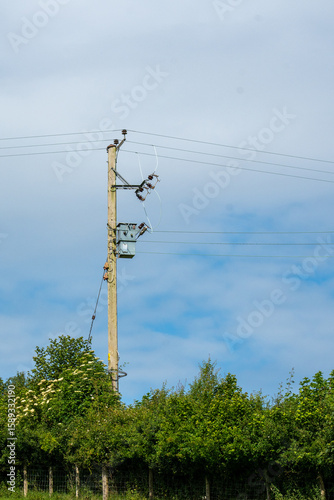Telegraph pole with power and communication lines against cloudy background