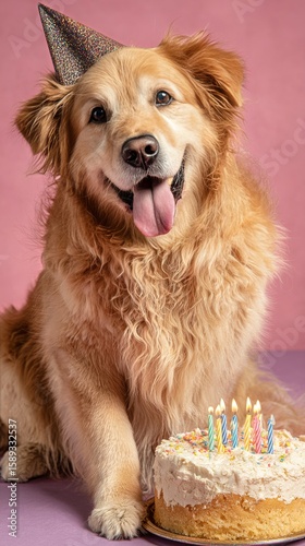 Happy Golden Retriever Celebrating Its Birthday With a Cake and Party Hat