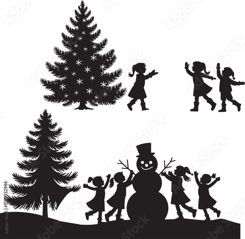 Children playing in snow around snowman and christmas tree silhouette representing winter fun family joy and holiday spirit perfect for seasonal greeting or festive design